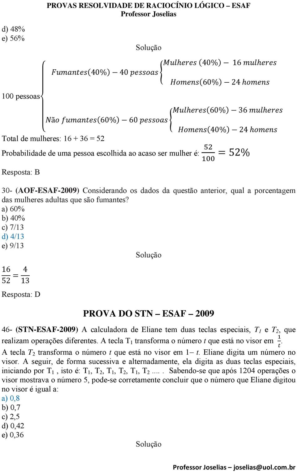 a) 60% b) 40% c) 7/13 d) 4/13 e) 9/13 16 52 4 13 Resposta: D PROVA DO STN ESAF 2009 46- (STN-ESAF-2009) A calculadora de Eliane tem duas teclas especiais, T 1 e T 2, que realizam operações diferentes.