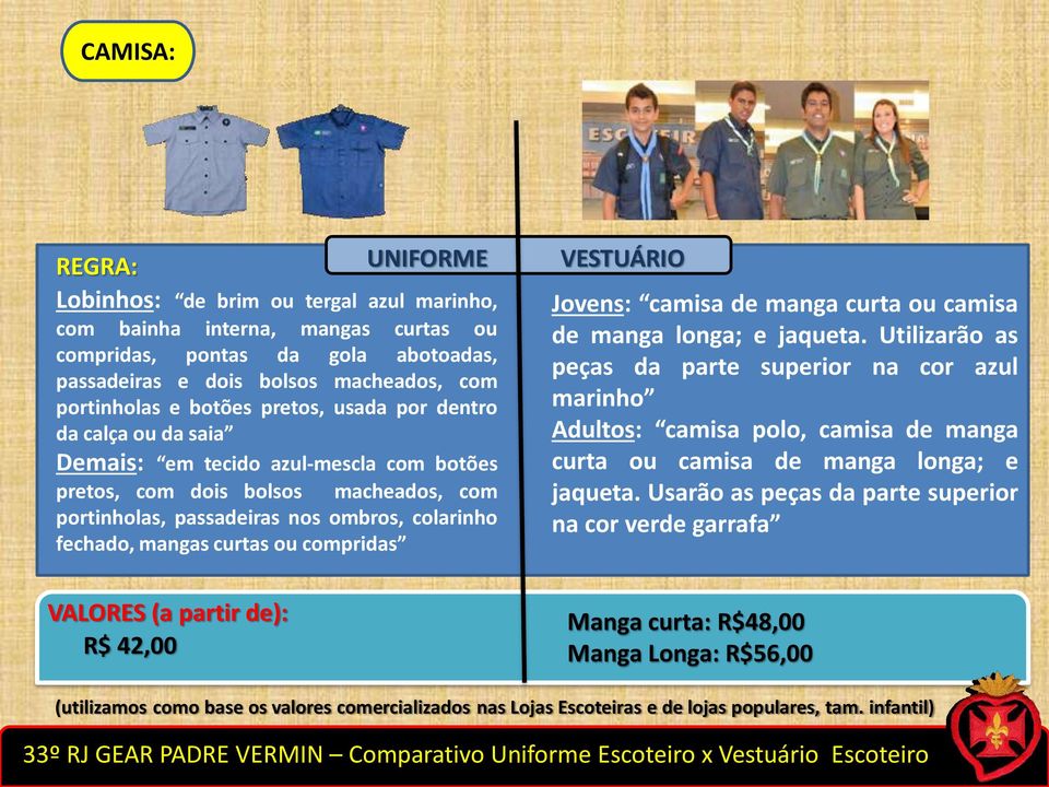 compridas VALORES (a partir de): R$ 42,00 UNIFORME VESTUÁRIO Jovens: camisa de manga curta ou camisa de manga longa; e jaqueta.