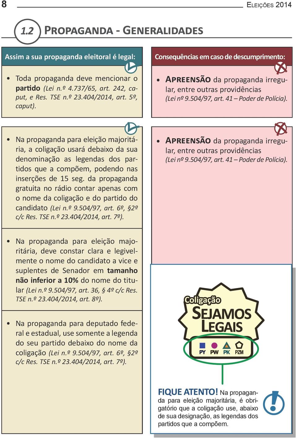 Na propaganda para eleição majoritária, a coligação usará debaixo da sua denominação as legendas dos partidos que a compõem, podendo nas inserções de 15 seg.