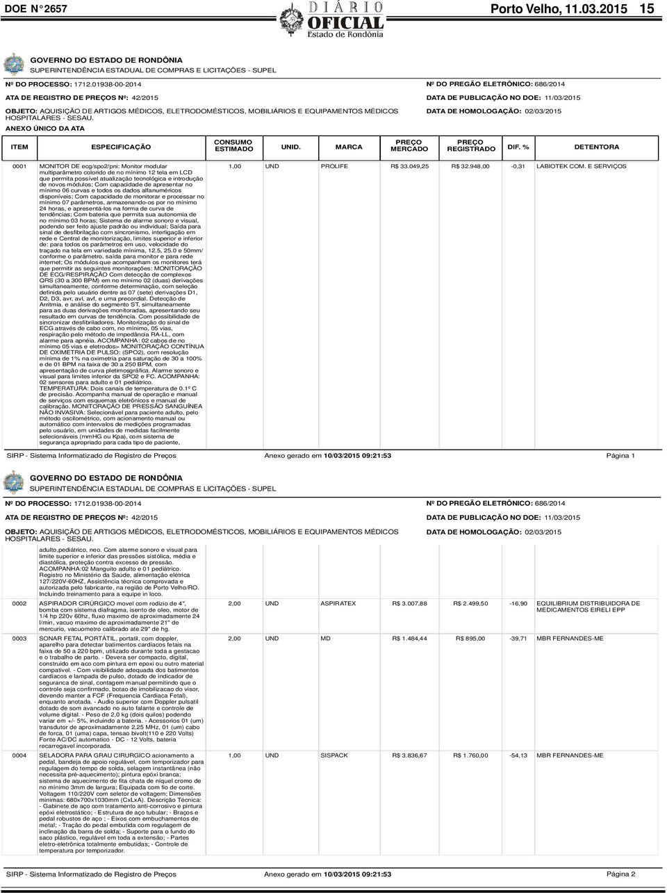 ANEXO ÚNICO DA ATA Nº DO PREGÃO ELETRÔNICO: 686/2014 DATA DE PUBLICAÇÃO NO DOE: 11/03/2015 DATA DE HOMOLOGAÇÃO: 02/03/2015 CONSUMO ITEM ESPECIFICAÇÃO ESTIMADO UNID.