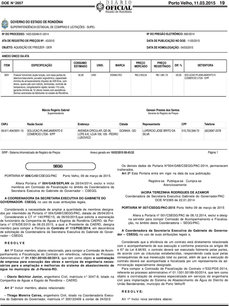 ÚNICO DA ATA ITEM ESPECIFICAÇÃO CONSUMO ESTIMADO UNID. MARCA PREÇO PREÇO MERCADO REGISTRADO DIF.