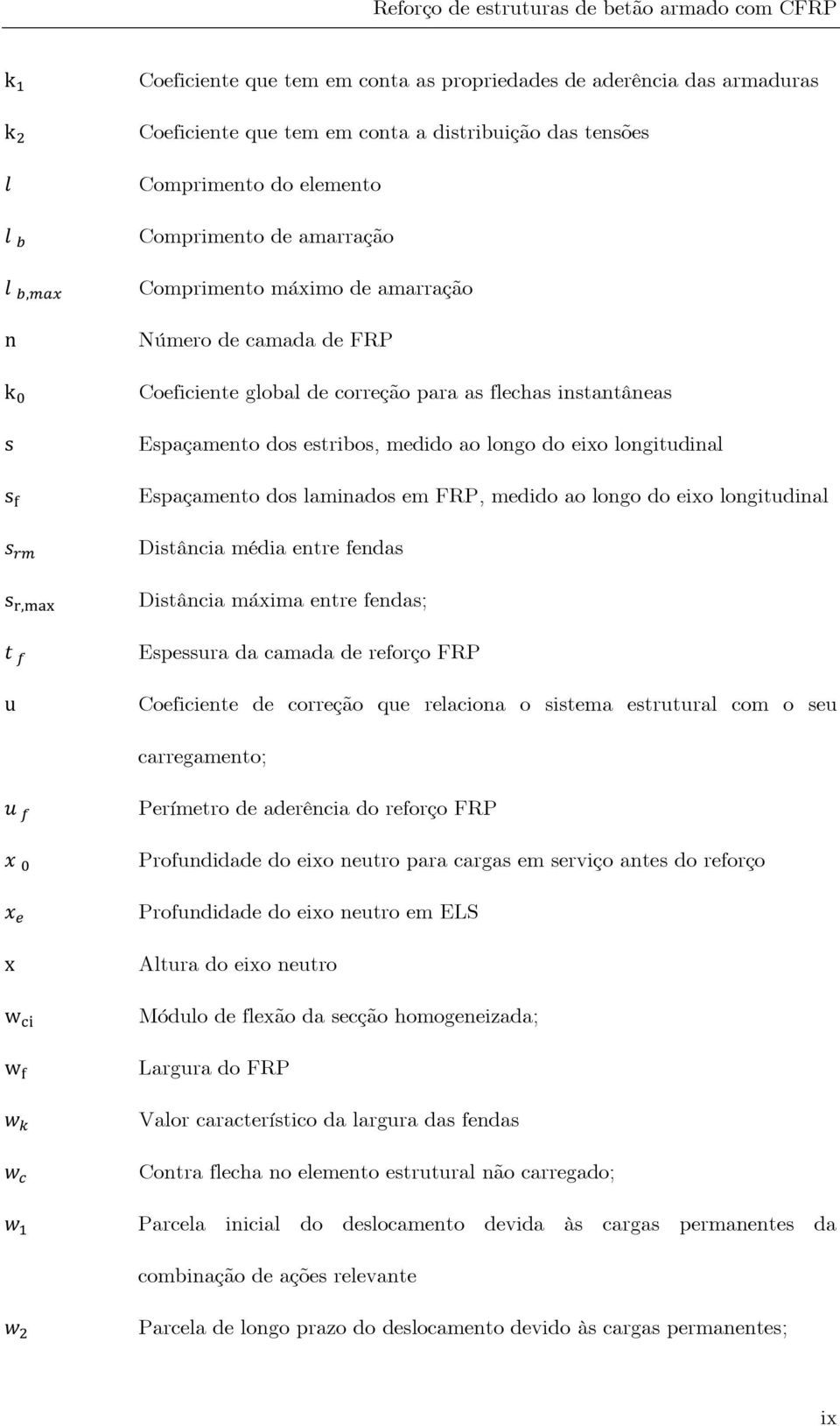 ao longo do eixo longitudinal Distância média entre fendas Distância máxima entre fendas; Espessura da camada de reforço FRP Coeficiente de correção que relaciona o sistema estrutural com o seu