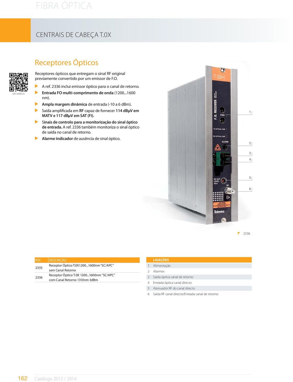 Saída amplificada em RF capaz de fornecer 114 dbμv em MATV e 117 dbμv em SAT (FI). Sinais de controlo para a monitorização do sinal óptico de entrada. A ref.