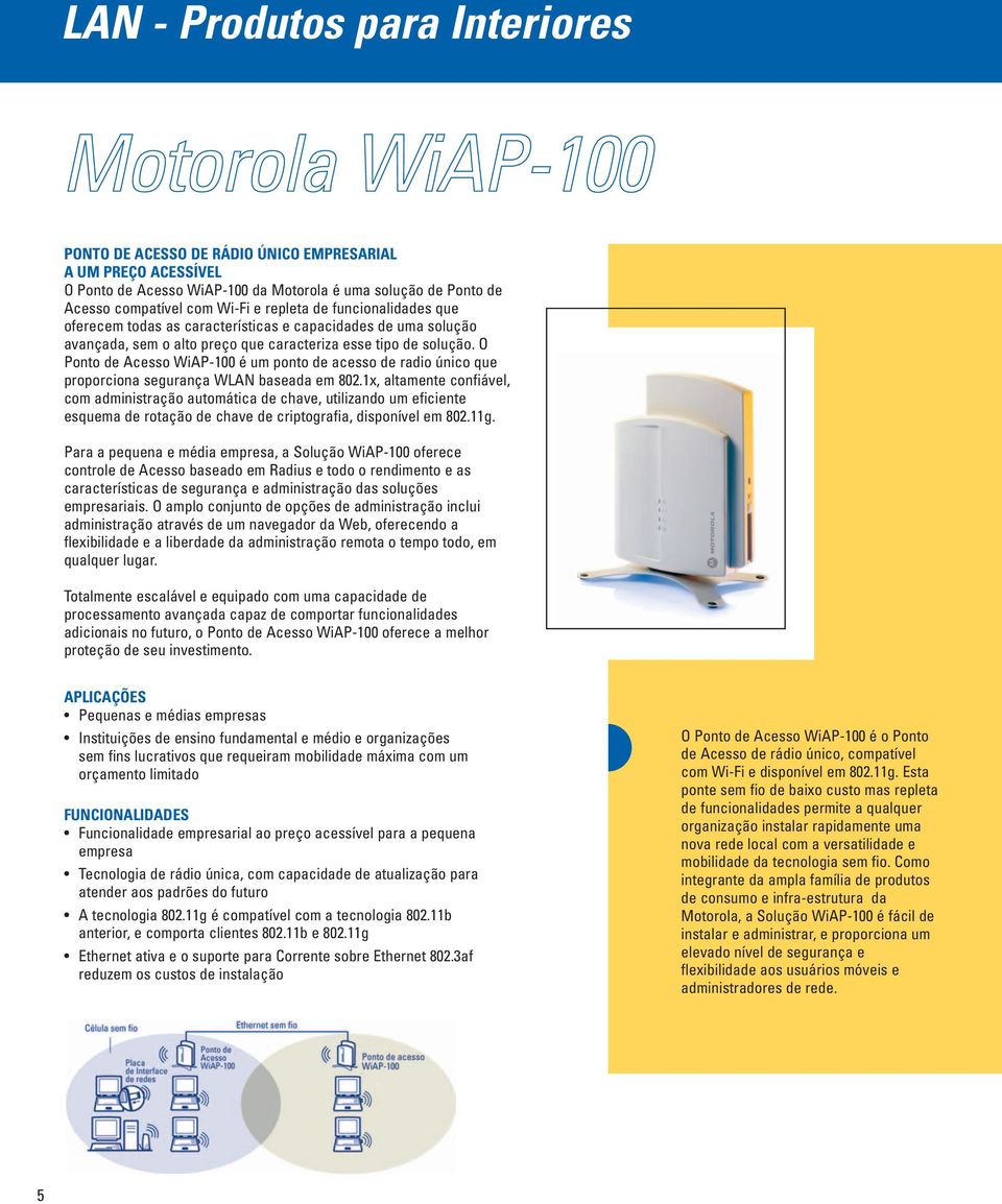 O Ponto de Acesso WiAP-100 é um ponto de acesso de radio único que proporciona segurança WLAN baseada em 802.