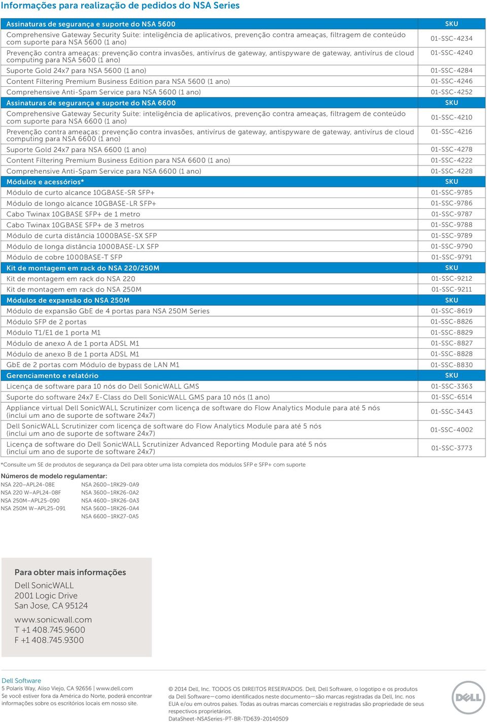 computing para NSA 5600 (1 ano) Suporte Gold 24x7 para NSA 5600 (1 ano) 01-SSC-4284 Content Filtering Premium Business Edition para NSA 5600 (1 ano) 01-SSC-4246 Comprehensive Anti-Spam Service para