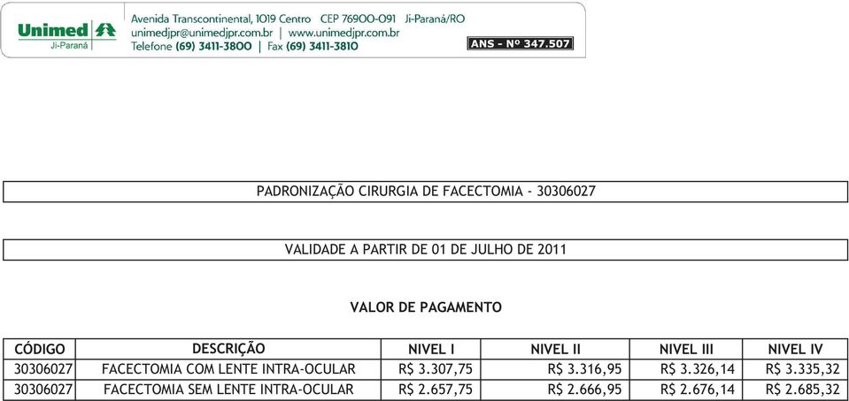 FACECTOMIA COM LENTE INTRA-OCULAR R$ 3.307,75 R$ 3.316,95 R$ 3.326,14 R$ 3.