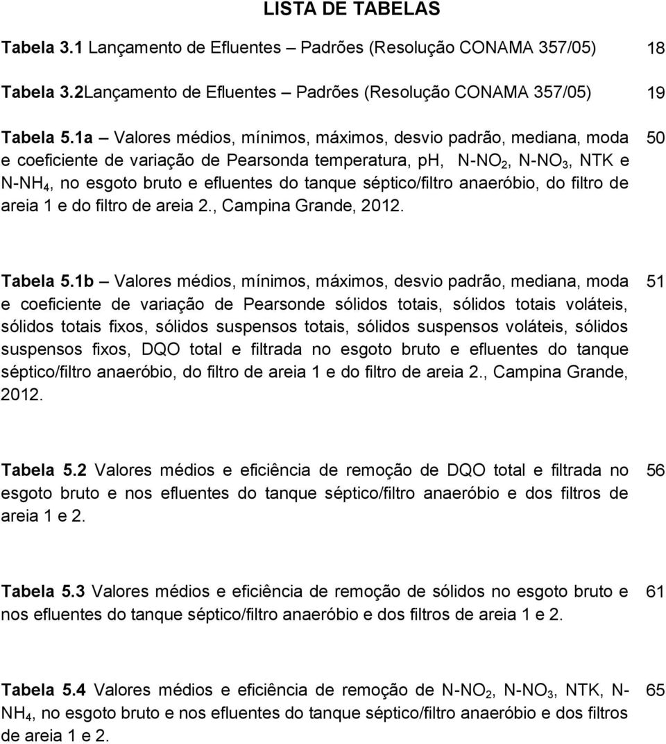 séptico/filtro anaeróbio, do filtro de areia 1 e do filtro de areia 2., Campina Grande, 2012. 50 Tabela 5.