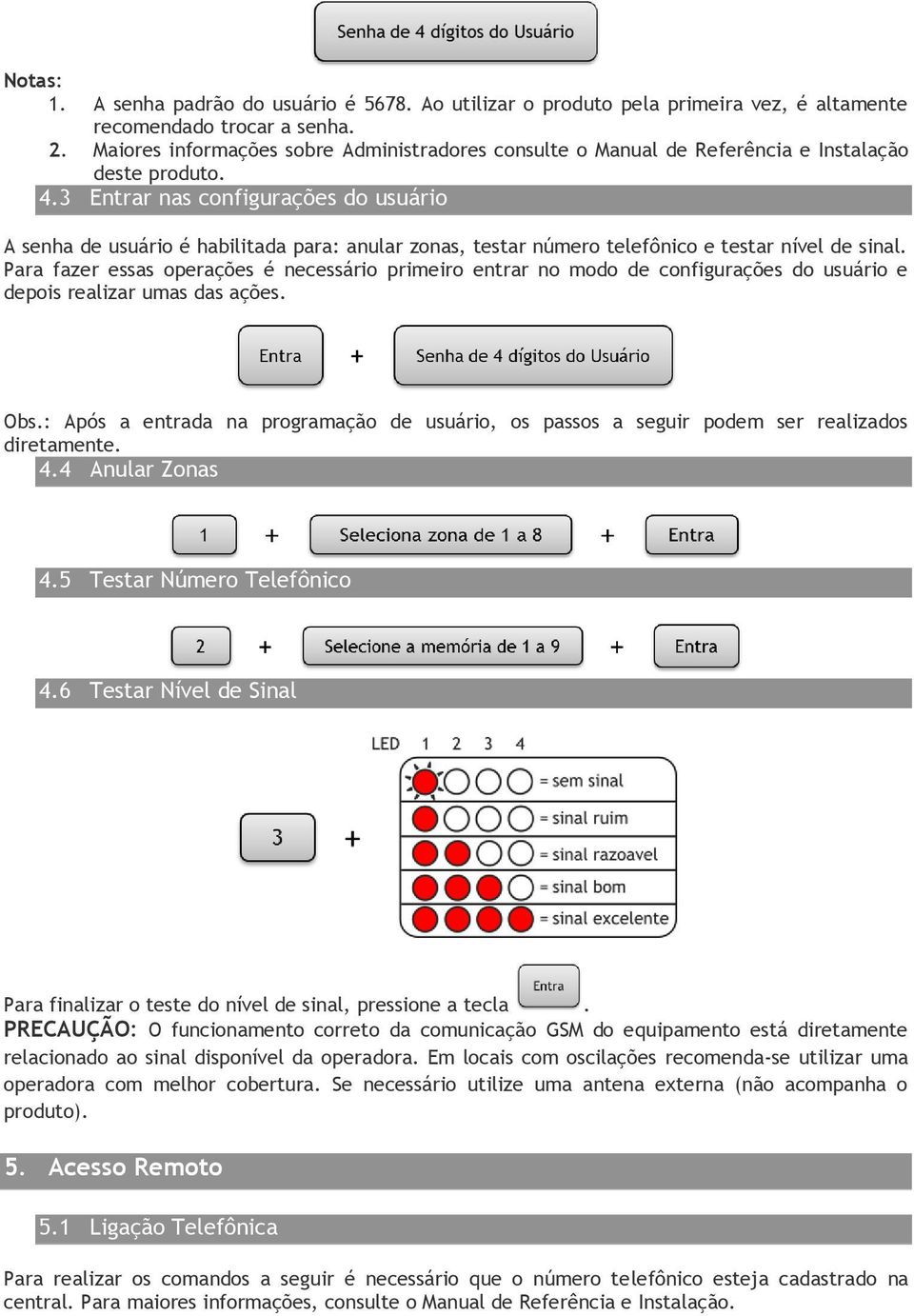 3 Entrar nas configurações do usuário A senha de usuário é habilitada para: anular zonas, testar número telefônico e testar nível de sinal.