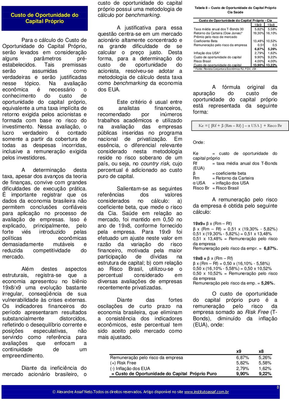 Na avaliação econômica é necessário o conhecimento do custo de oportunidade do capital próprio, equivalente a uma taxa implícita de retorno exigida pelos acionistas e formada com base no risco do