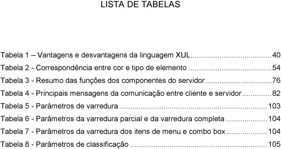 .. 76 Tabela 4 - Principais mensagens da comunicação entre cliente e servidor... 82 Tabela 5 - Parâmetros de varredura.