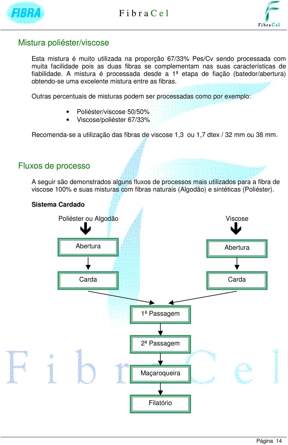 Outrs percentuis de misturs podem ser processds como por exemplo: Poliéster/viscose 50/50% Viscose/poliéster 67/33% Recomend-se utilizção ds fibrs de viscose 1,3 ou 1,7 dtex / 32 mm ou 38 mm.