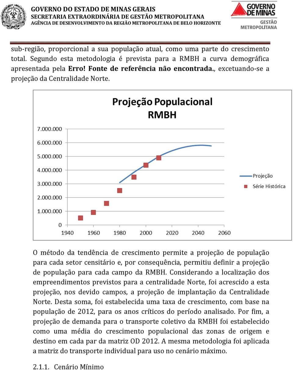 O método da tendência de crescimento permite a projeção de população para cada setor censitário e, por consequência, permitiu definir a projeção de população para cada campo da RMBH.