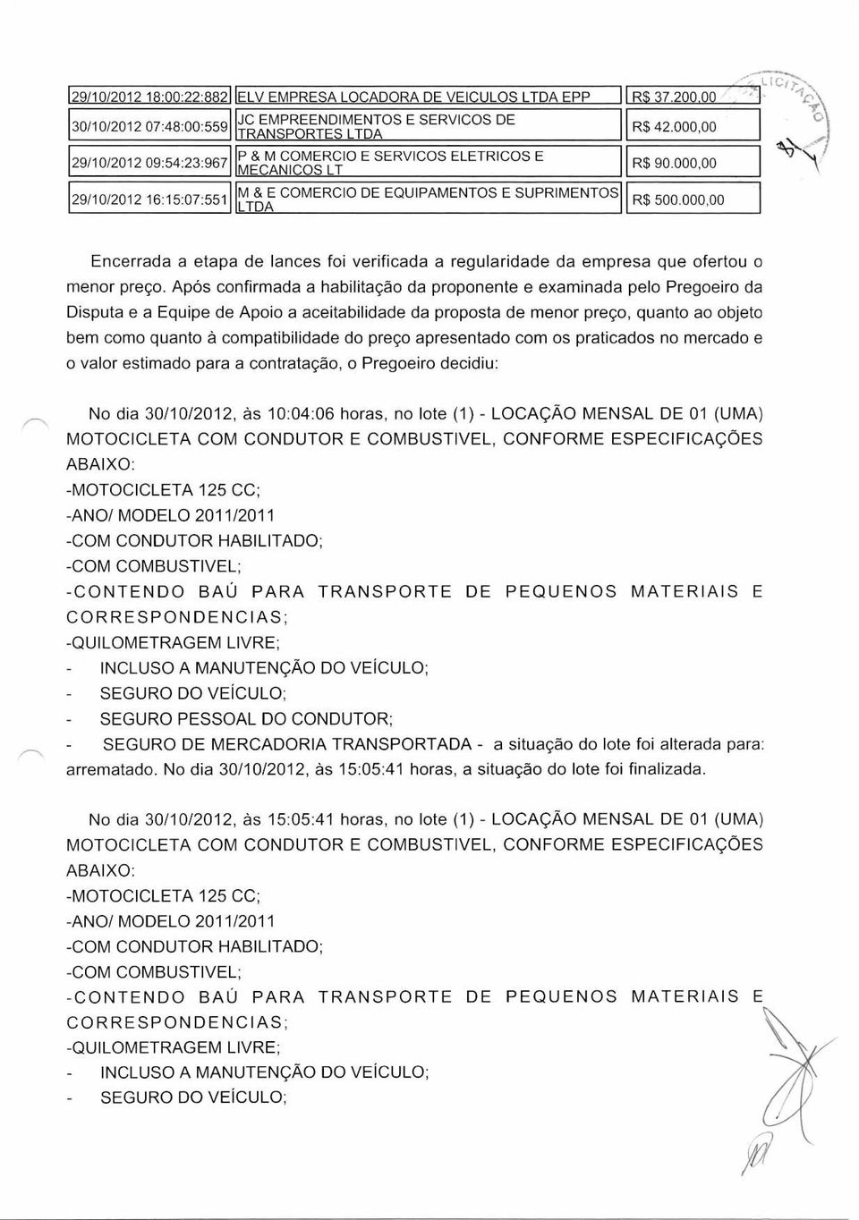 EQUIPAMENTOS E SUPRIMENTOS LTDA R$ 42.000,00 R$ 90.000,00 R$ 500 000.00 c) \k Encerrada a etapa de lances foi verificada a regularidade da empresa que ofertou o menor preço.