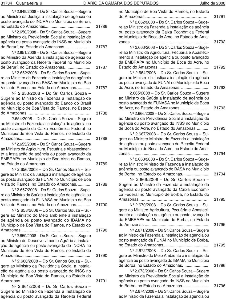 Carlos Souza Sugere ao Ministro da Previdência Social a instalação de agência ou posto avançado do INSS no Município de Berurí, no Estado do Amazonas... 31787 Nº 2.651/2008 Do Sr.