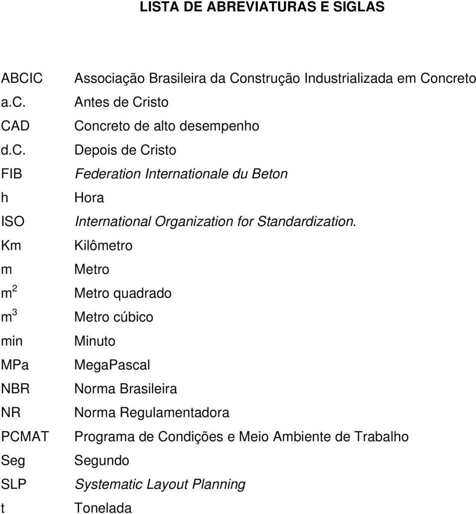 FIB h ISO Km m m 2 m 3 min MPa NBR NR PCMAT Seg SLP t Associação Brasileira da Construção Industrializada em Concreto Antes de