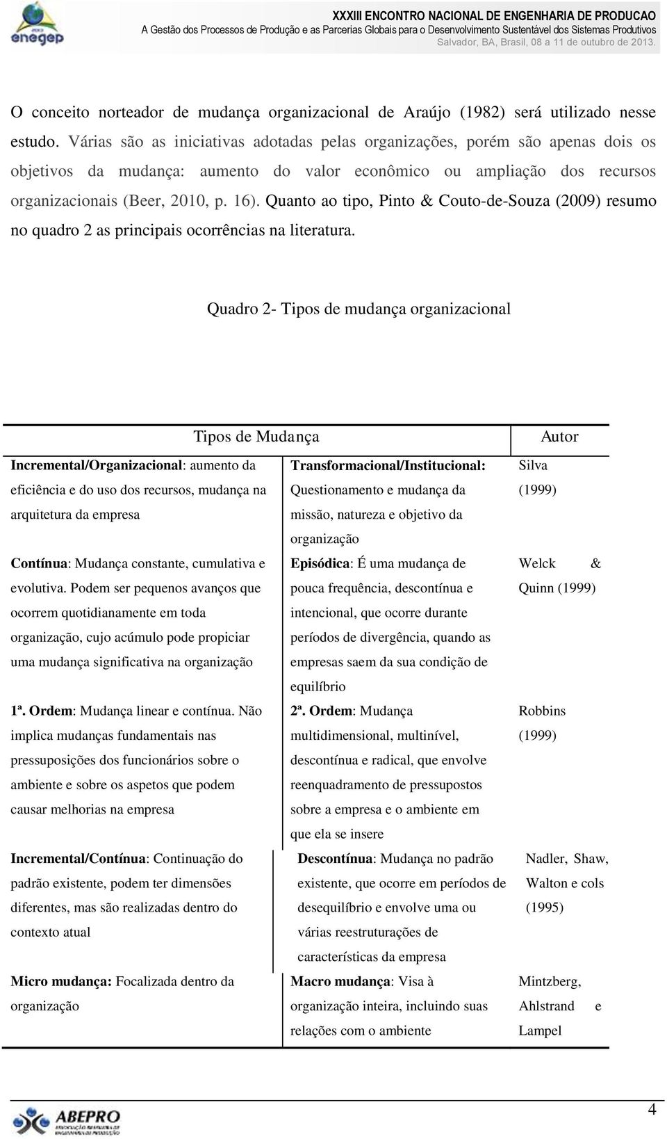 Quanto ao tipo, Pinto & Couto-de-Souza (2009) resumo no quadro 2 as principais ocorrências na literatura.