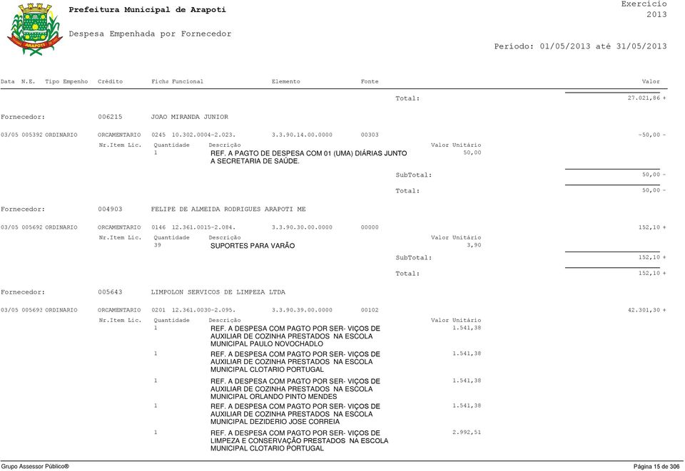 00.0000 00000 5,0 + 39 SUPORTES PARA VARÃO 3,90 SubTotal: 5,0 + Total: 5,0 + Fornecedor: 005643 LIMPOLON SERVICOS DE LIMPEZA LTDA 03/05 005693 ORDINARIO ORCAMENTARIO 00.36.0030-.095. 3.3.90.39.00.0000 000 4.