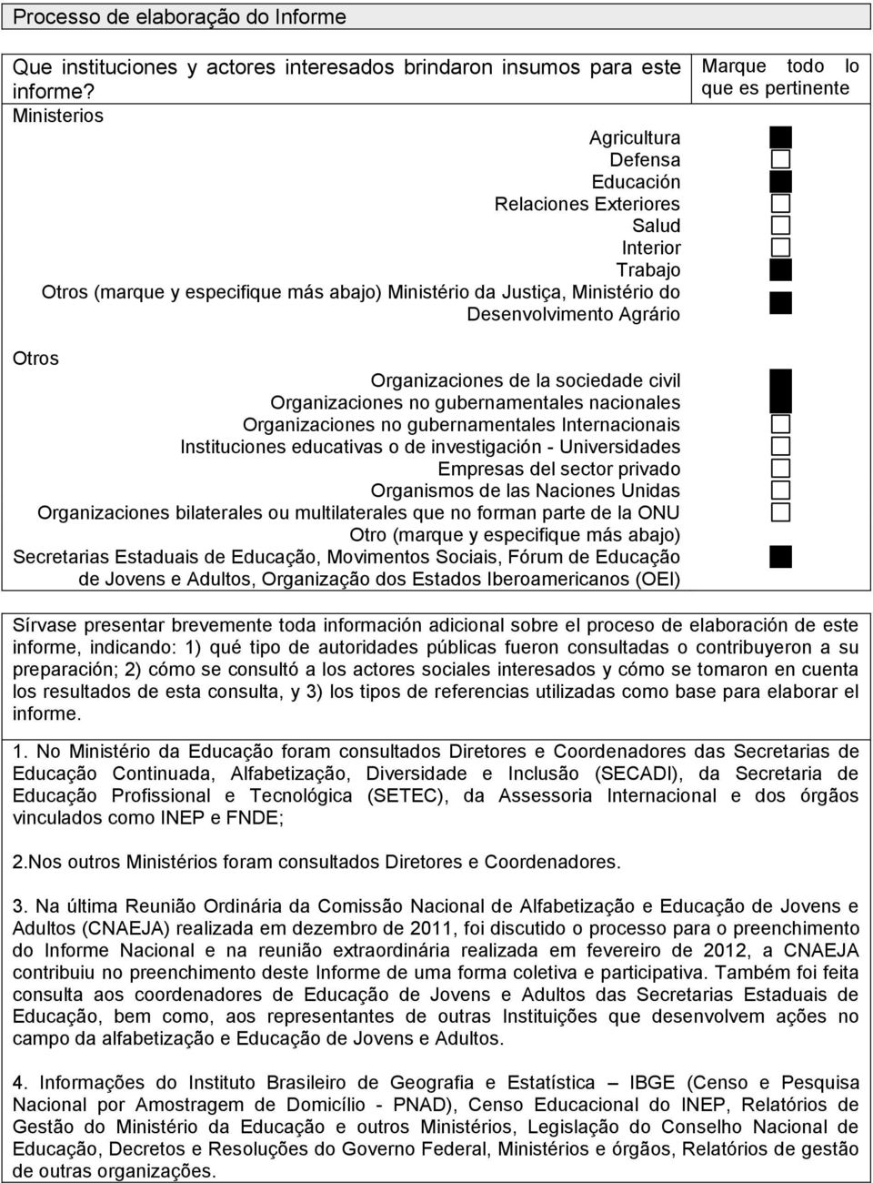 lo que es pertinente Otros Organizaciones de la sociedade civil Organizaciones no gubernamentales nacionales Organizaciones no gubernamentales Internacionais Instituciones educativas o de