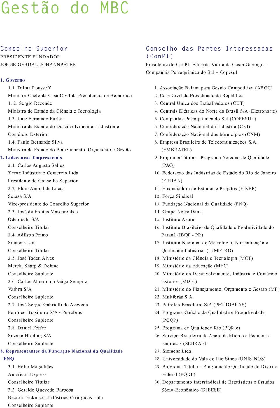 Paulo Bernardo Silva Ministro de Estado do Planejamento, Orçamento e Gestão 2. Lideranças Empresariais 2.1. Carlos Augusto Salles Xerox Indústria e Comércio Ltda Presidente do Conselho Superior 2.2. Elcio Anibal de Lucca Serasa S/A Vice-presidente do Conselho Superior 2.