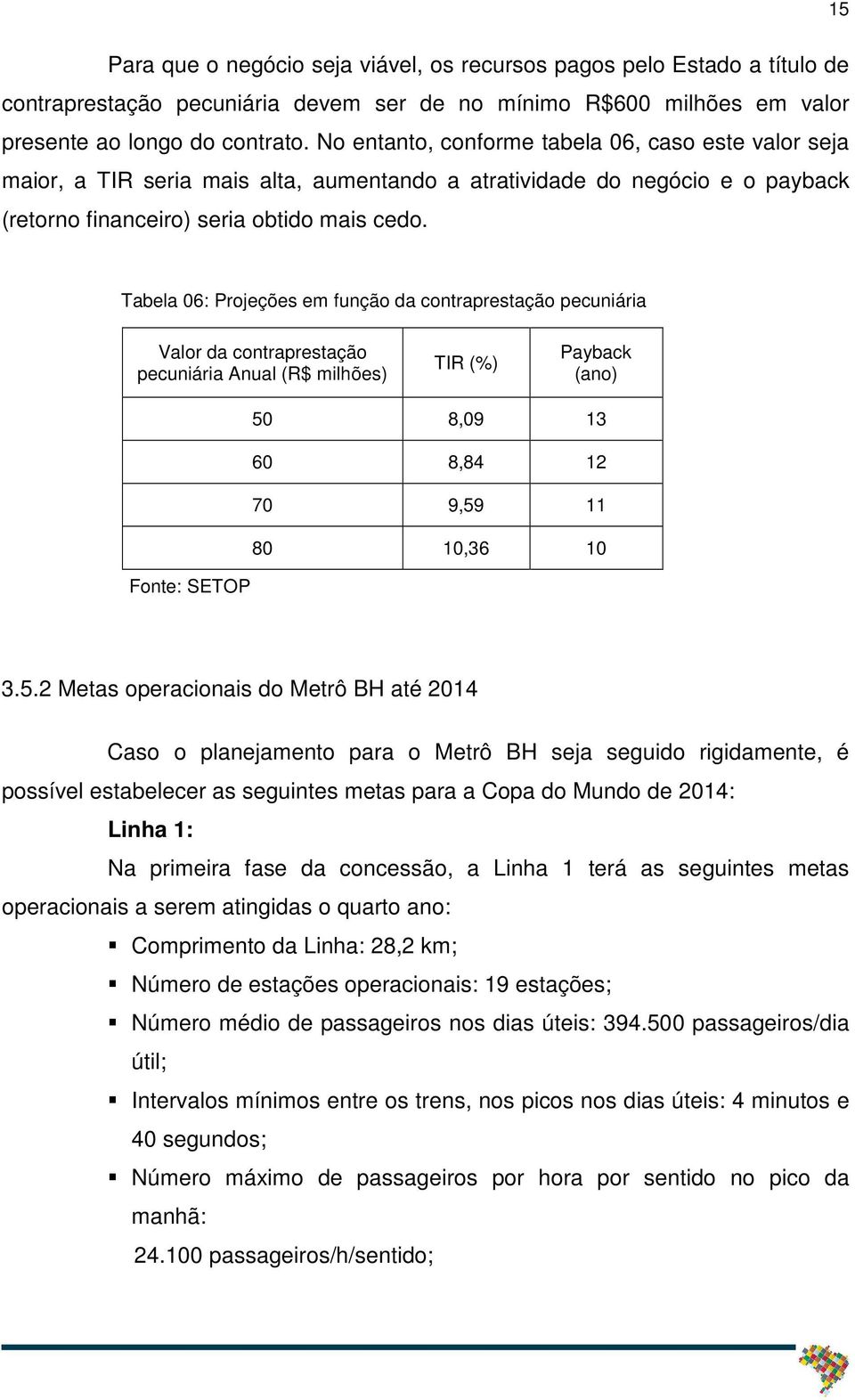 Tabela 06: Projeções em função da contraprestação pecuniária Valor da contraprestação pecuniária Anual (R$ milhões) TIR (%) Payback (ano) 50