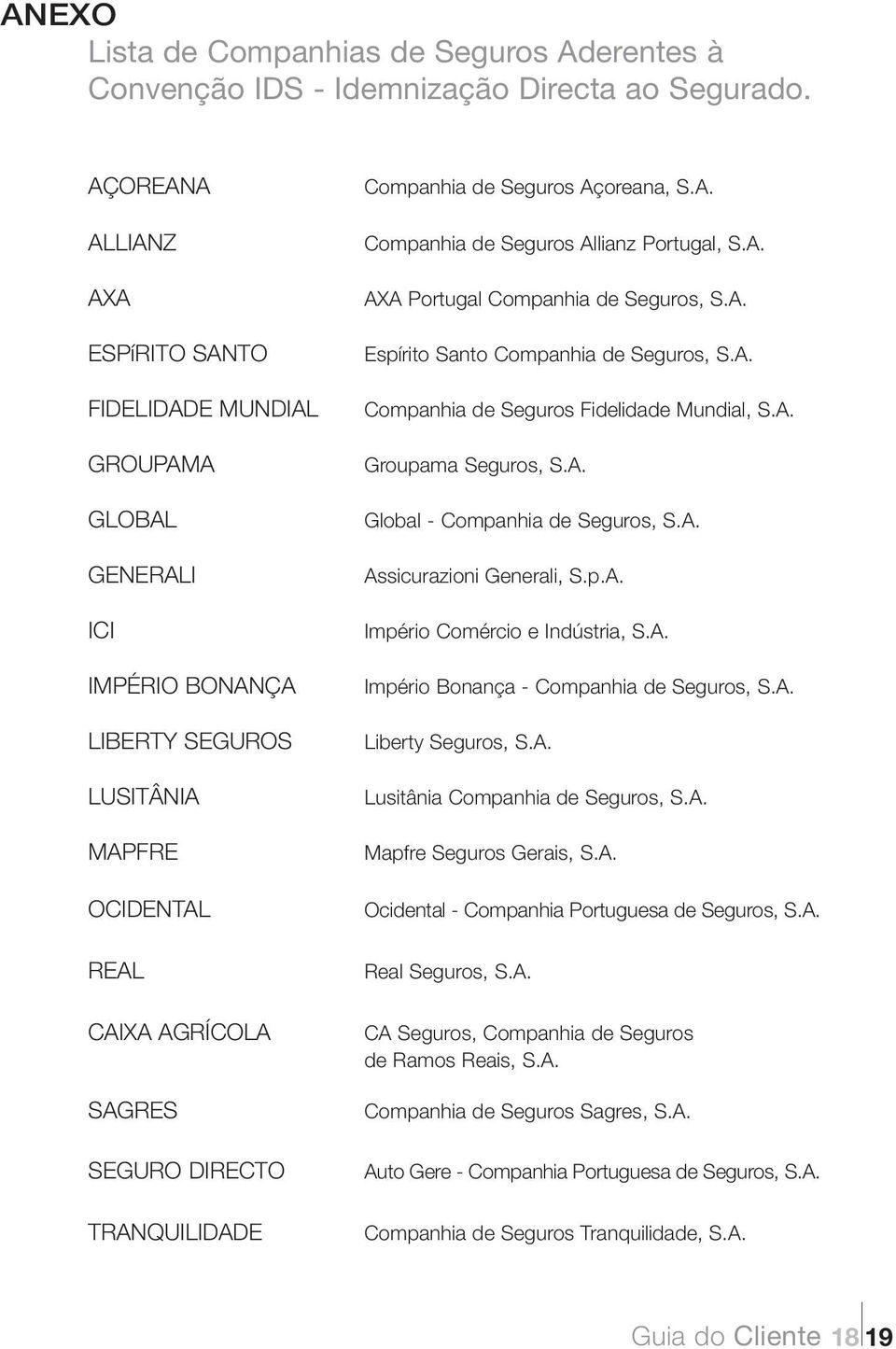 Companhia de Seguros Açoreana, S.A. Companhia de Seguros Allianz Portugal, S.A. AXA Portugal Companhia de Seguros, S.A. Espírito Santo Companhia de Seguros, S.A. Companhia de Seguros Fidelidade Mundial, S.