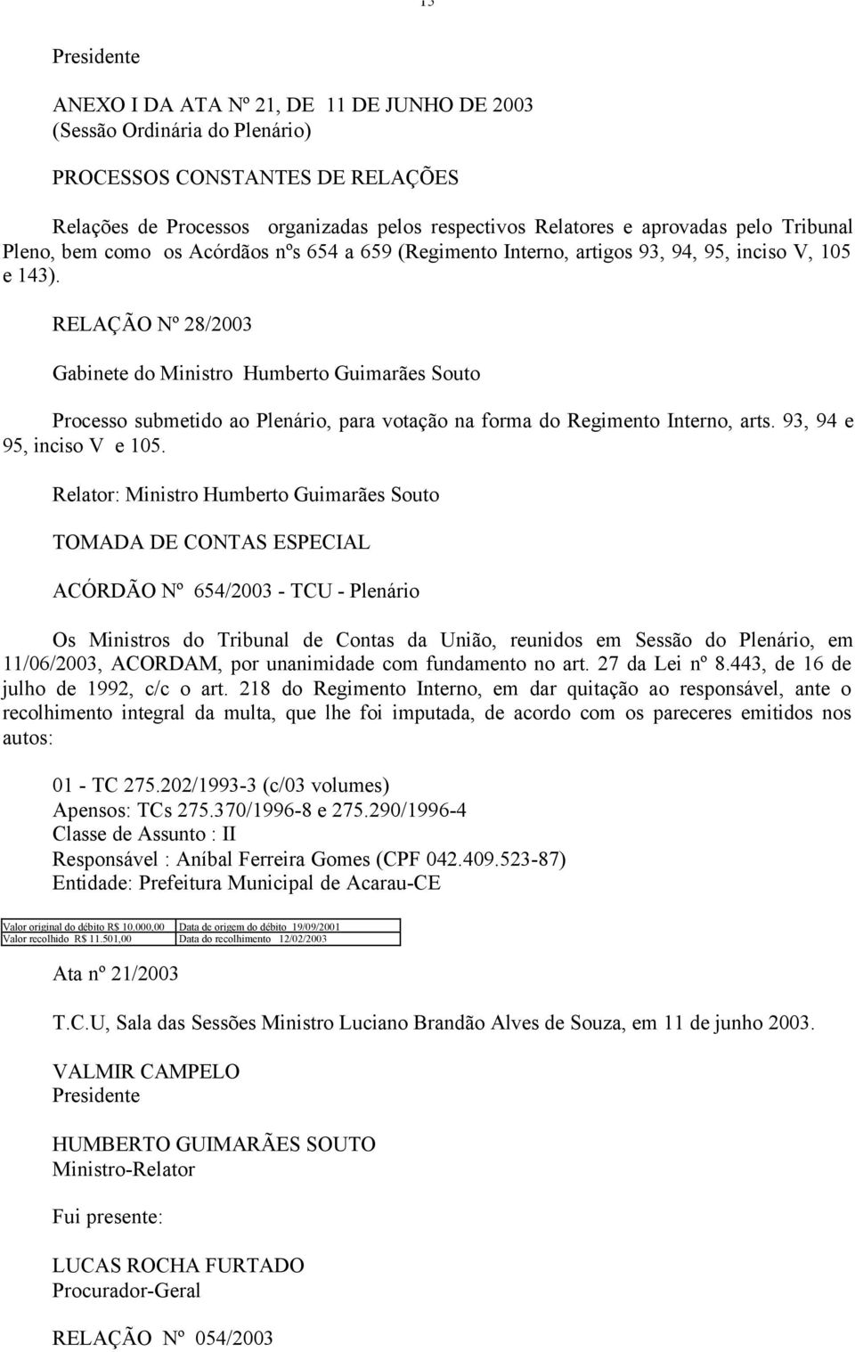 RELAÇÃO Nº 28/2003 Gabinete do Ministro Humberto Guimarães Souto Processo submetido ao Plenário, para votação na forma do Regimento Interno, arts. 93, 94 e 95, inciso V e 105.