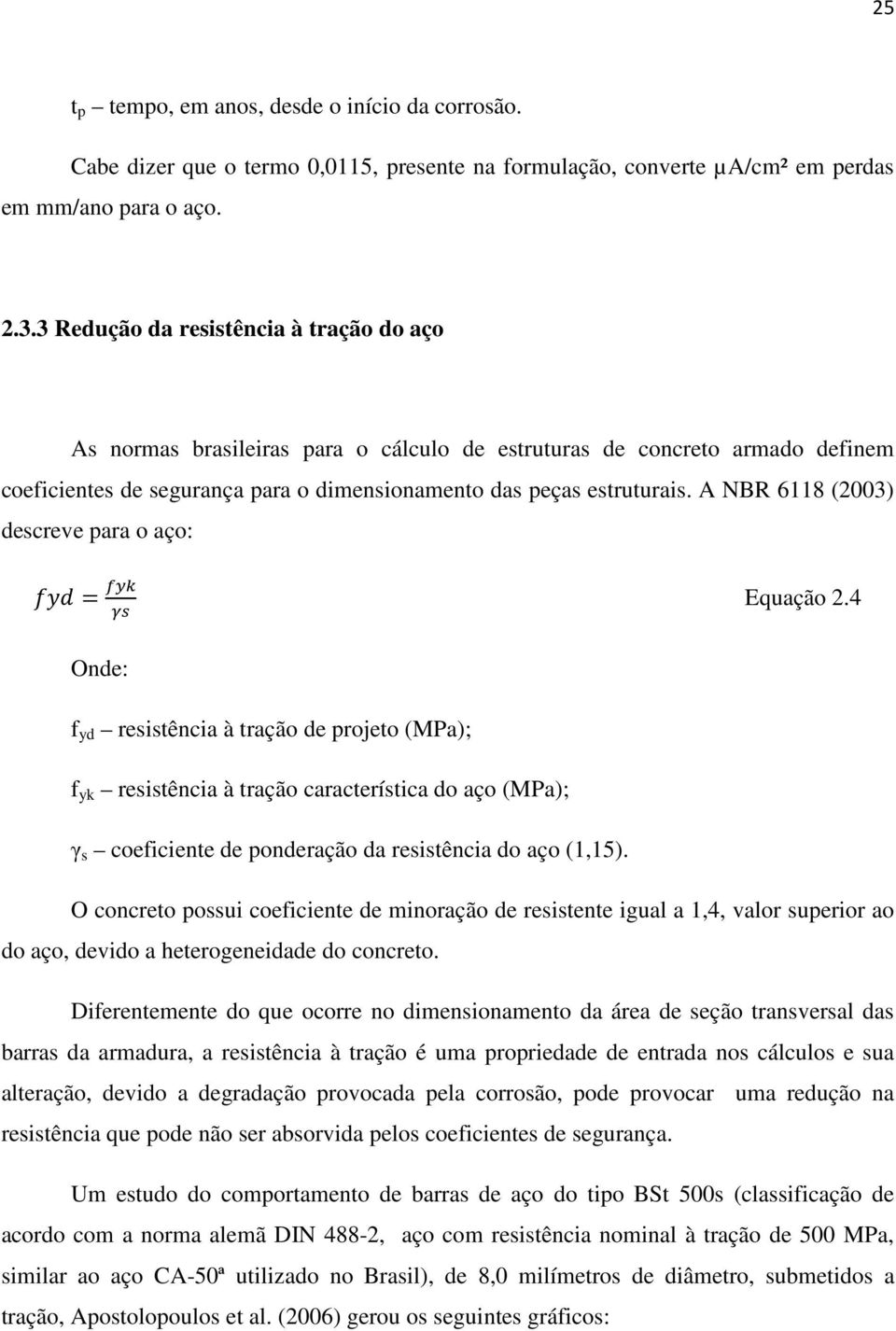 A NBR 6118 (2003) descreve para o aço: = Equação 2.