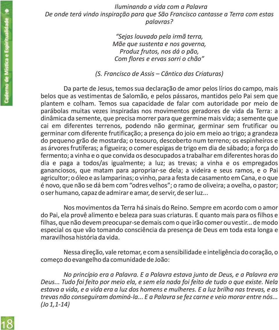 Francisco de Assis Cântico das Criaturas) Da parte de Jesus, temos sua declaração de amor pelos lírios do campo, mais belos que as vestimentas de Salomão, e pelos pássaros, mantidos pelo Pai sem que