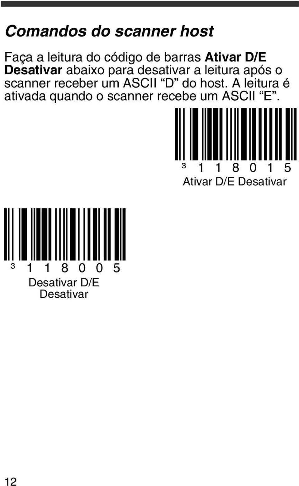 ASCII D do host. A leitura é ativada quando o scanner recebe um ASCII E.