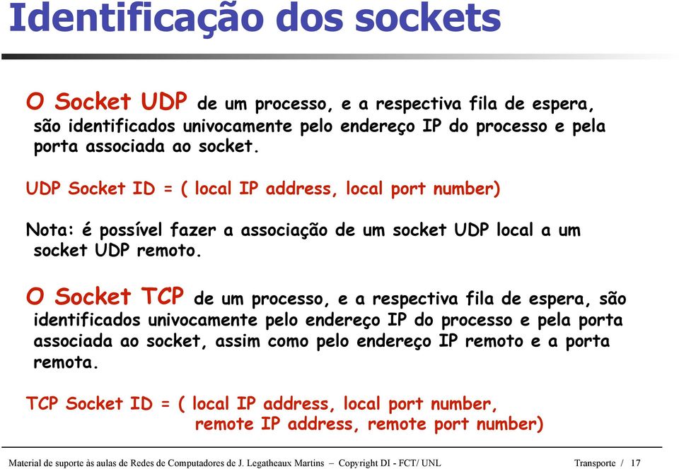 O Socket TCP de um processo, e a respectiva fila de espera, são identificados univocamente pelo endereço IP do processo e pela porta associada ao socket, assim como pelo endereço IP