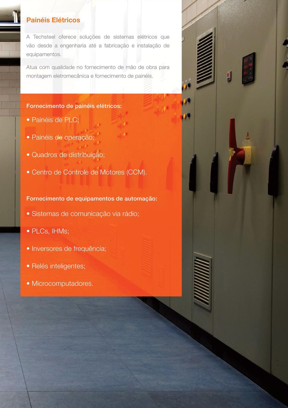 Fornecimento de painéis elétricos: Painéis de PLC; Painéis de operação; Quadros de distribuição; Centro de Controle de Motores (CCM).