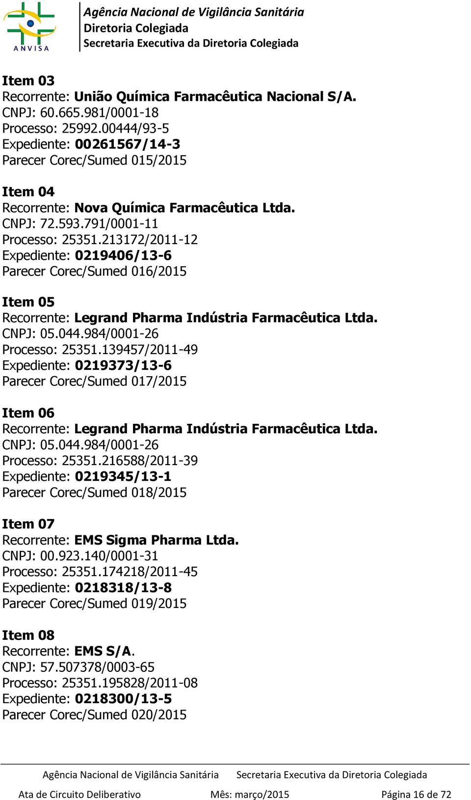 213172/2011-12 Expediente: 0219406/13-6 Parecer Corec/Sumed 016/2015 Item 05 Recorrente: Legrand Pharma Indústria Farmacêutica Ltda. CNPJ: 05.044.984/0001-26 Processo: 25351.