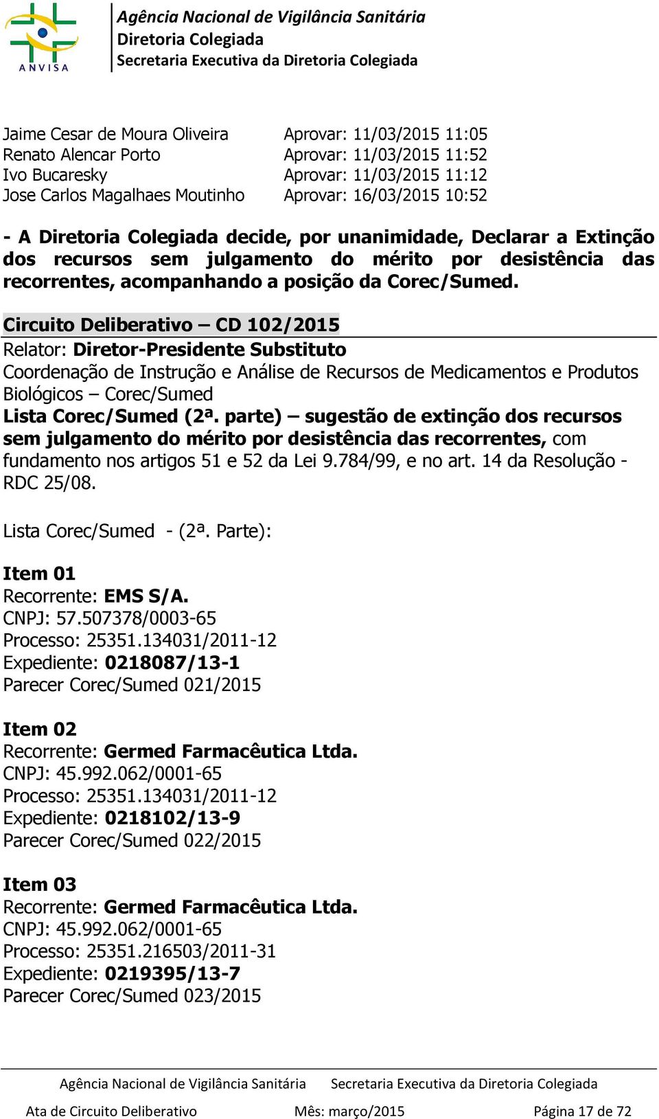 Circuito Deliberativo CD 102/2015 Relator: Diretor-Presidente Substituto Coordenação de Instrução e Análise de Recursos de Medicamentos e Produtos Biológicos Corec/Sumed Lista Corec/Sumed (2ª.