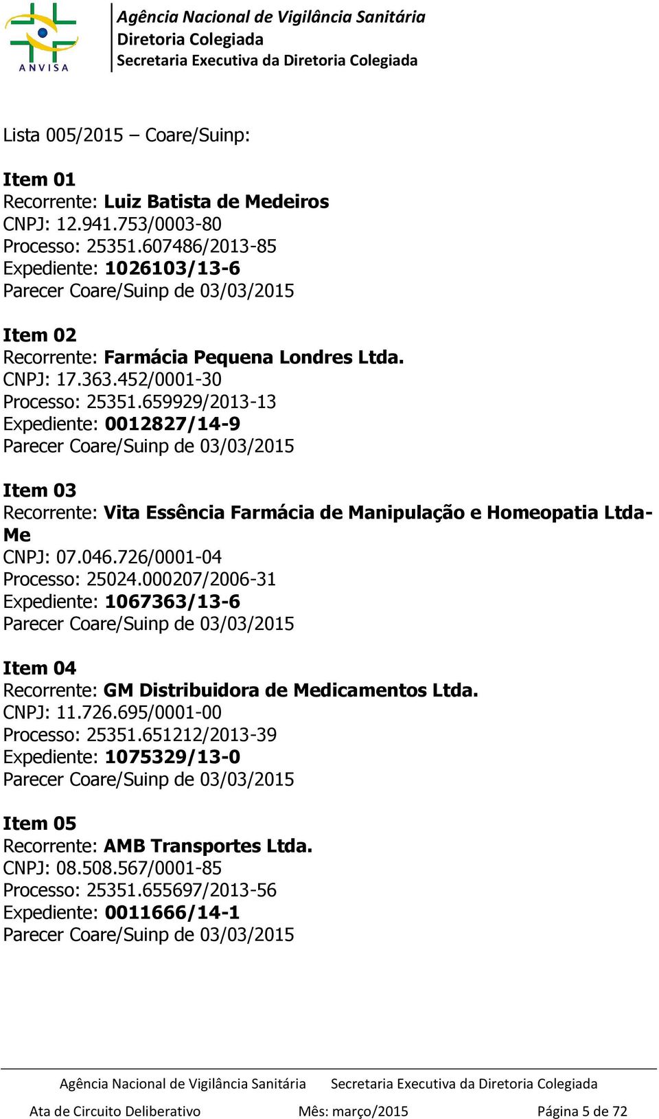 659929/2013-13 Expediente: 0012827/14-9 Parecer Coare/Suinp de 03/03/2015 Item 03 Recorrente: Vita Essência Farmácia de Manipulação e Homeopatia Ltda- Me CNPJ: 07.046.726/0001-04 Processo: 25024.