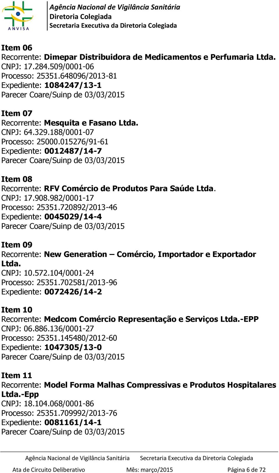 015276/91-61 Expediente: 0012487/14-7 Parecer Coare/Suinp de 03/03/2015 Item 08 Recorrente: RFV Comércio de Produtos Para Saúde Ltda. CNPJ: 17.908.982/0001-17 Processo: 25351.