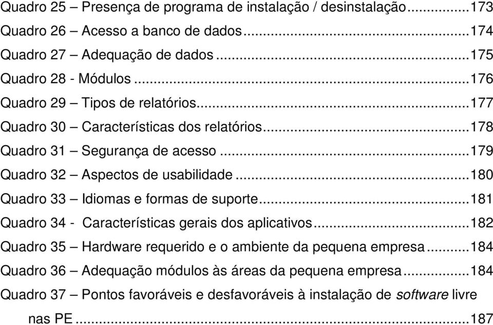 ..180 Quadro 33 Idiomas e formas de suporte...181 Quadro 34 - Características gerais dos aplicativos.