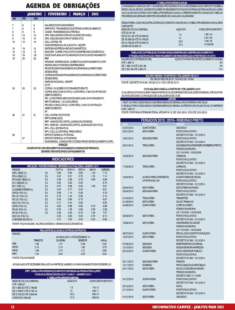 15 13 13 INSS/GPS - CARNÊ ( FACULTATIVO E EMPREGADO DOMÉSTICO) 18 18 18/ ENVIO DA PLANILHA P/ ELABORAÇÃO DA FOLHA DE PAGAMENTO 19 20 20 IRRF GPS/INSS - EMPREGADOS, SOBRE FOLHA DE PAGAMENTO-CONT