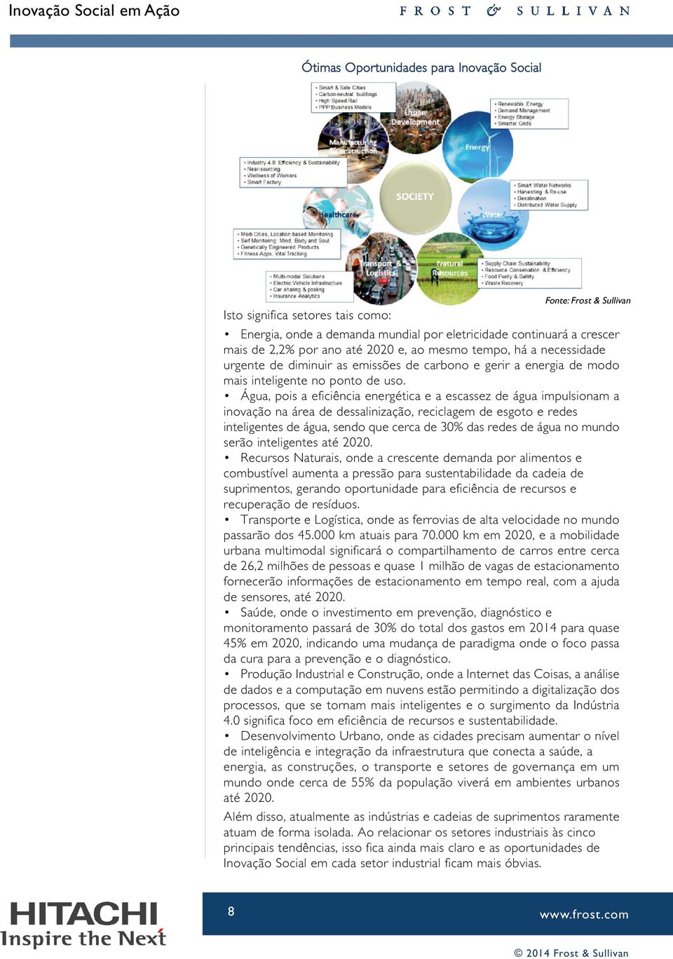 Água, pois a eficiência energética e a escassez de água impulsionam a inovação na área de dessalinização, reciclagem de esgoto e redes inteligentes de água, sendo que cerca de 30% das redes de água