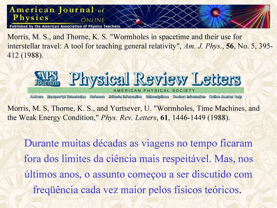 "Wormholes, Time Machines, and the Weak Energy Condition," Phys. Rev. Letters, 61, 1446-1449 (1988).