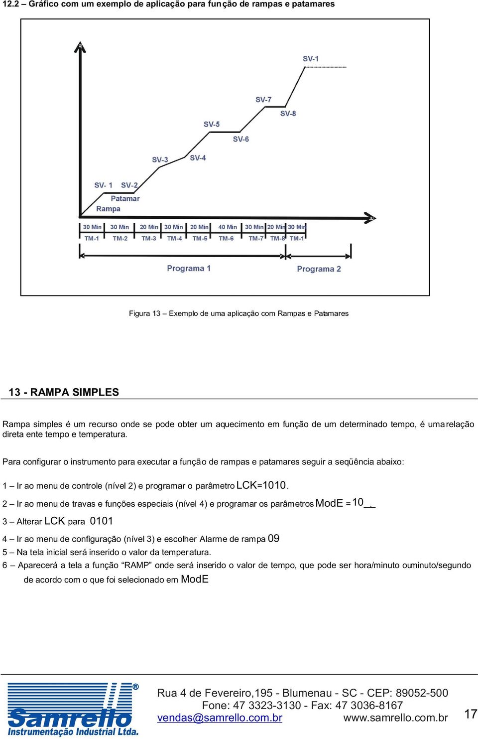 Para configurar o instrumento para executar a função de rampas e patamares seguir a seqüência abaixo: 1 Ir ao menu de controle (nível 2) e programar o parâmetro LCK = 1010.