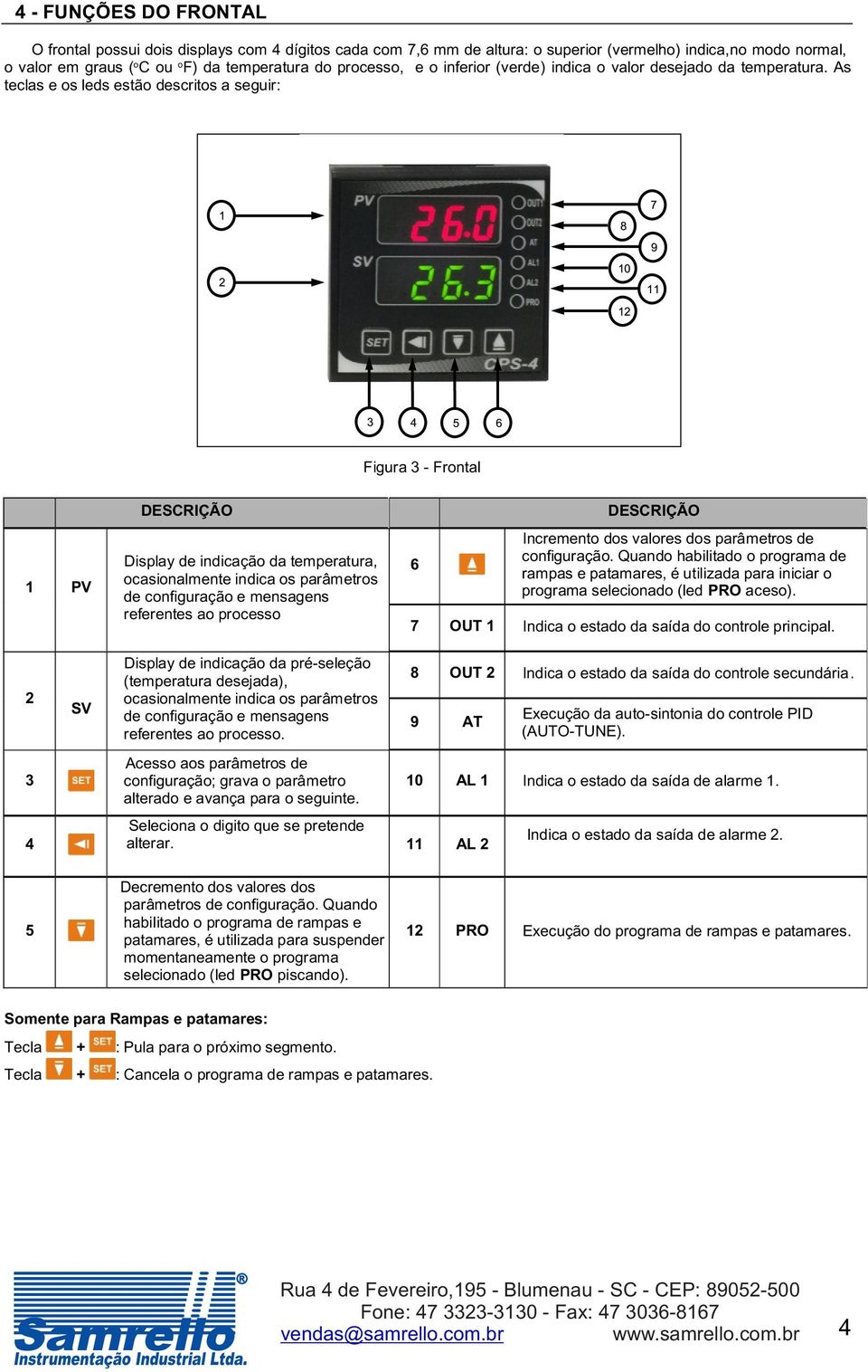As teclas e os leds estão descritos a seguir: 1 2 8 10 12 7 9 11 3 4 5 6 Figura 3 - Frontal 1 PV DESCRIÇÃO Display de indicação da temperatura, ocasionalmente indica os parâmetros de configuração e