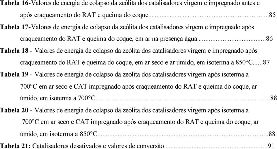 ..86 Tabela 18 - Valores de energia de colapso da zeólita dos catalisadores virgem e impregnado após craqueamento do RAT e queima do coque, em ar seco e ar úmido, em isoterma a 850 C.