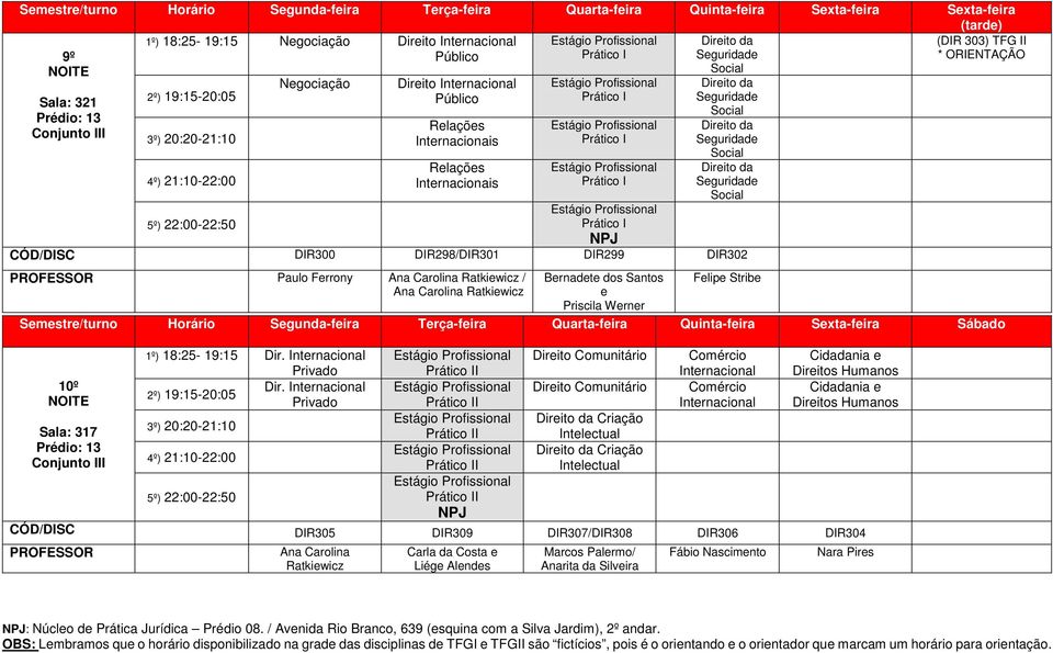 Carolina Ratkiewicz Bernadete dos Santos e Priscila Werner Felipe Stribe 10º Sala: 317 1º) 18:25-19:15 Dir. Internacional Privado Dir.