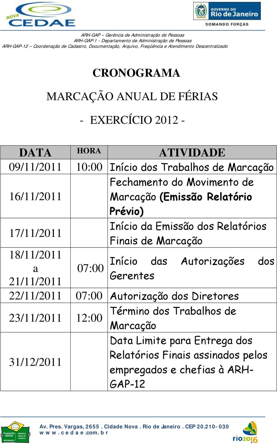 dos Relatórios Finais de Marcação Início das Autorizações dos Gerentes 22/11/2011 07:00 Autorização dos Diretores 23/11/2011 12:00