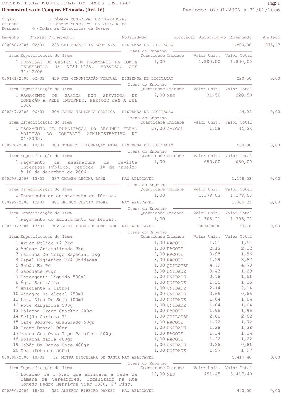 800,00 000141/2006 02/01 439 JOP COMUNICAÇÃO VIRTUAL DISPENSA DE LICITACAO 220,50 0,00 1 PAGAMENTO DE GASTOS DOS SERVIÇOS DE 7,00 MES CONEXÃO A REDE INTERNET.