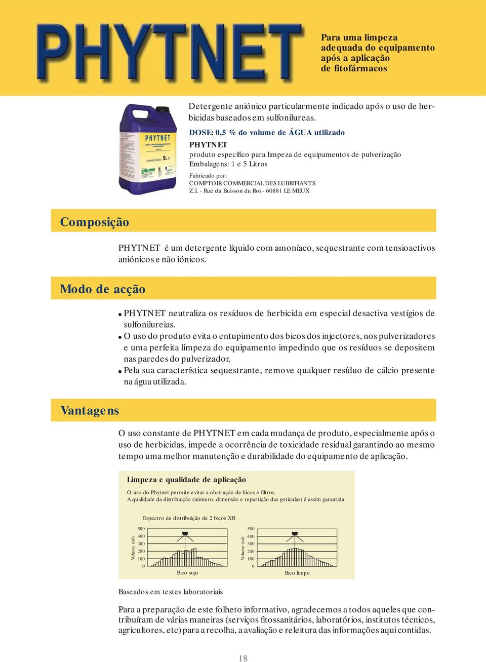 COMMERCIAL DES LUBRIFIANTS Z.I. - Rue du Buisson du Roi - 60881 LE MEUX Composição PHYTNET é um detergente líquido com amoníaco, sequestrante com tensioactivos aniónicos e não iónicos.