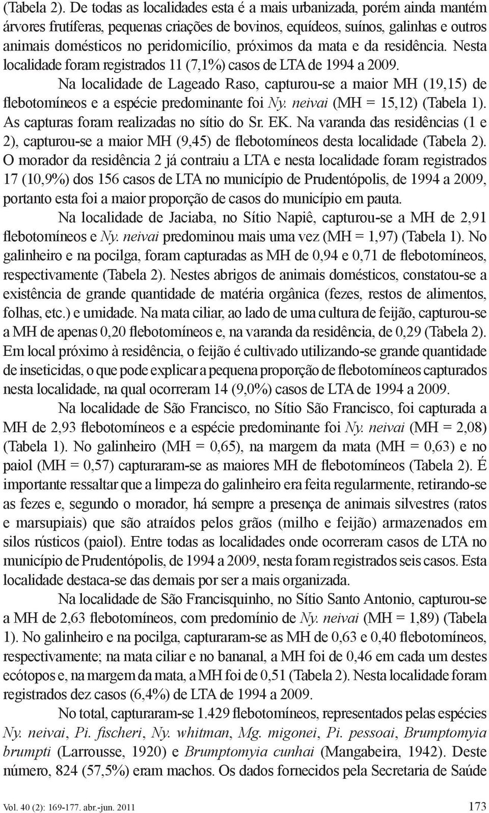 próximos da mata e da residência. Nesta localidade foram registrados 11 (7,1%) casos de LTA de 1994 a 2009.