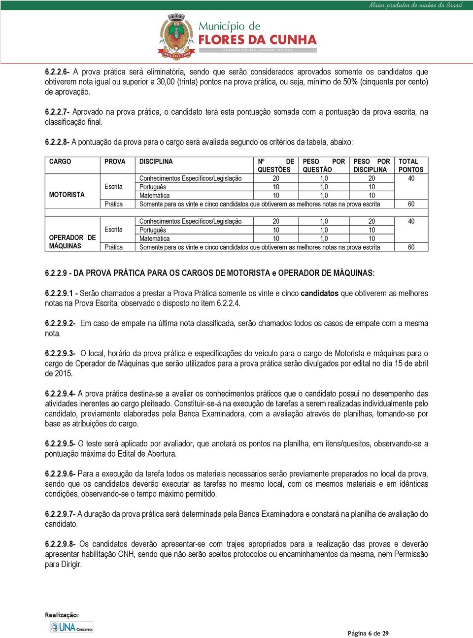 2.7- Aprovado na prova prática, o candidato terá esta pontuação somada com a pontuação da prova escrita, na classificação final. 6.2.2.8- A pontuação da prova para o cargo será avaliada segundo os