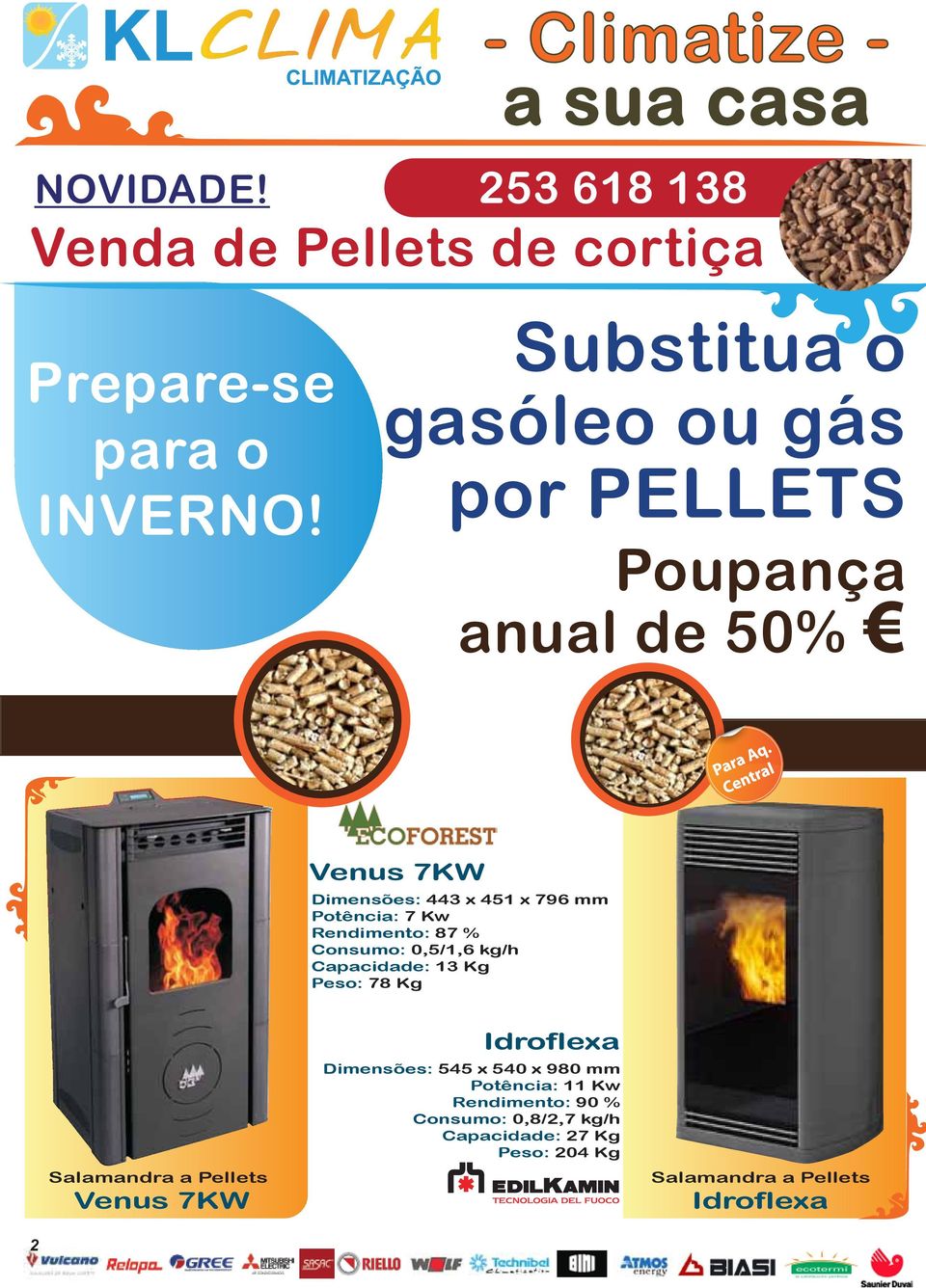 Rendimento: 87 % Consumo: 0,5/1,6 kg/h Capacidade: 13 Kg Peso: 78 Kg Salamandra a Pellets Venus 7KW Idroflexa