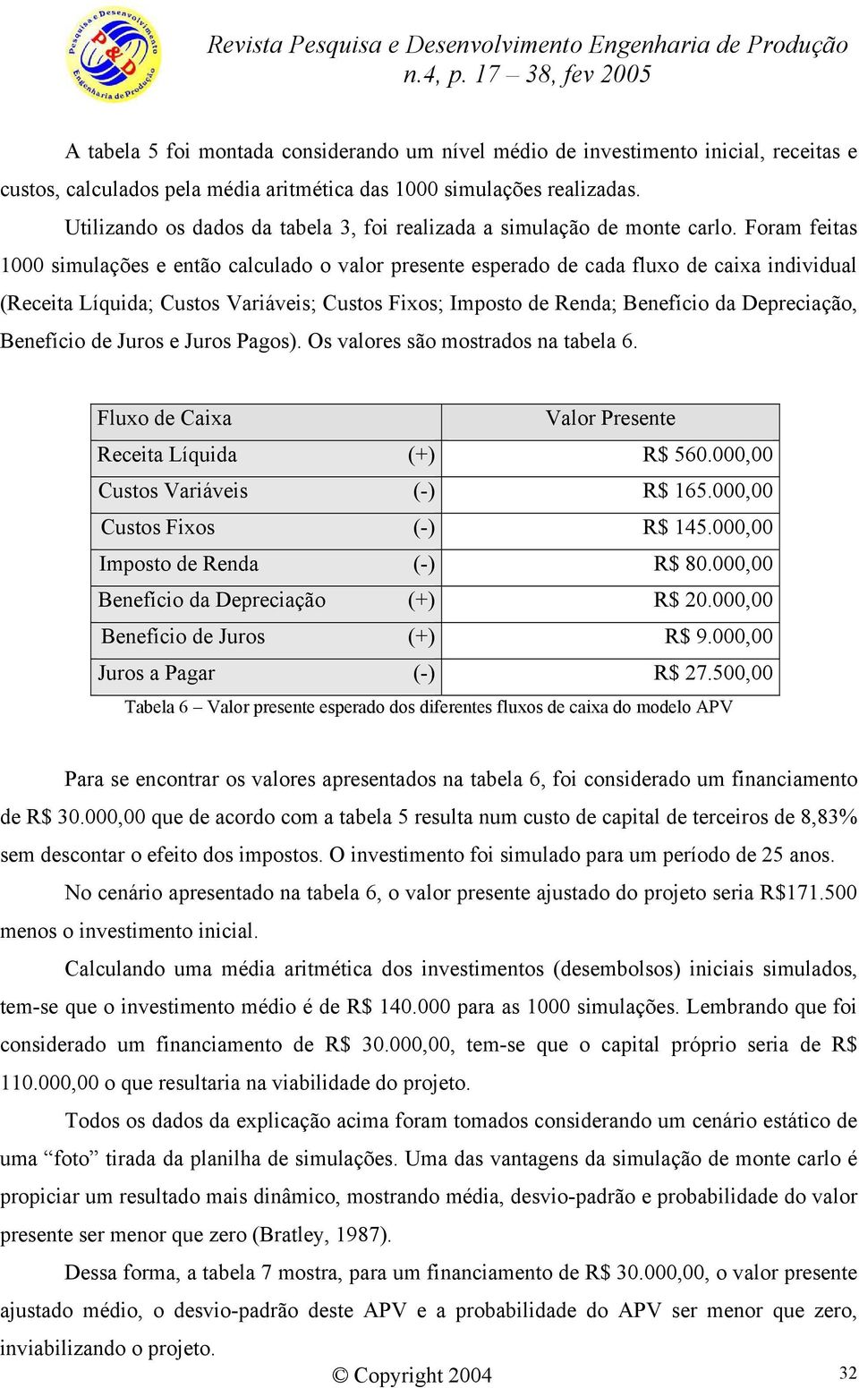 Foram feitas 1000 simulações e então calculado o valor presente esperado de cada fluxo de caixa individual (Receita Líquida; Custos Variáveis; Custos Fixos; Imposto de Renda; Benefício da